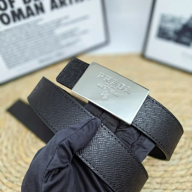 Prada Belts Saffiano-textured belt with rectangular logo buckle product detail image 4