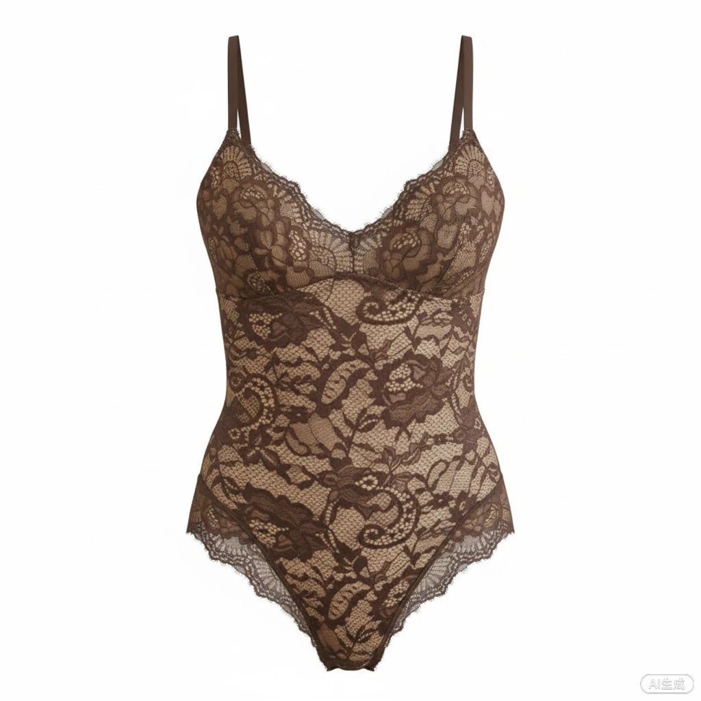 Unbranded Underwear Lace bodysuit with adjustable spaghetti straps — Coffee color