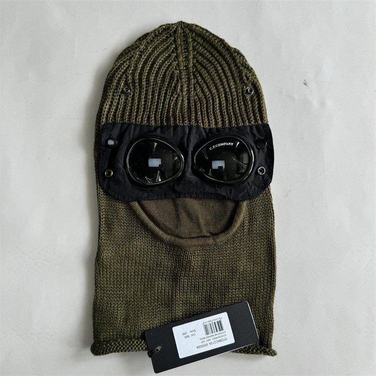 C.P. Company Hats Ribbed knit beanie with integrated goggles — Pullover army green