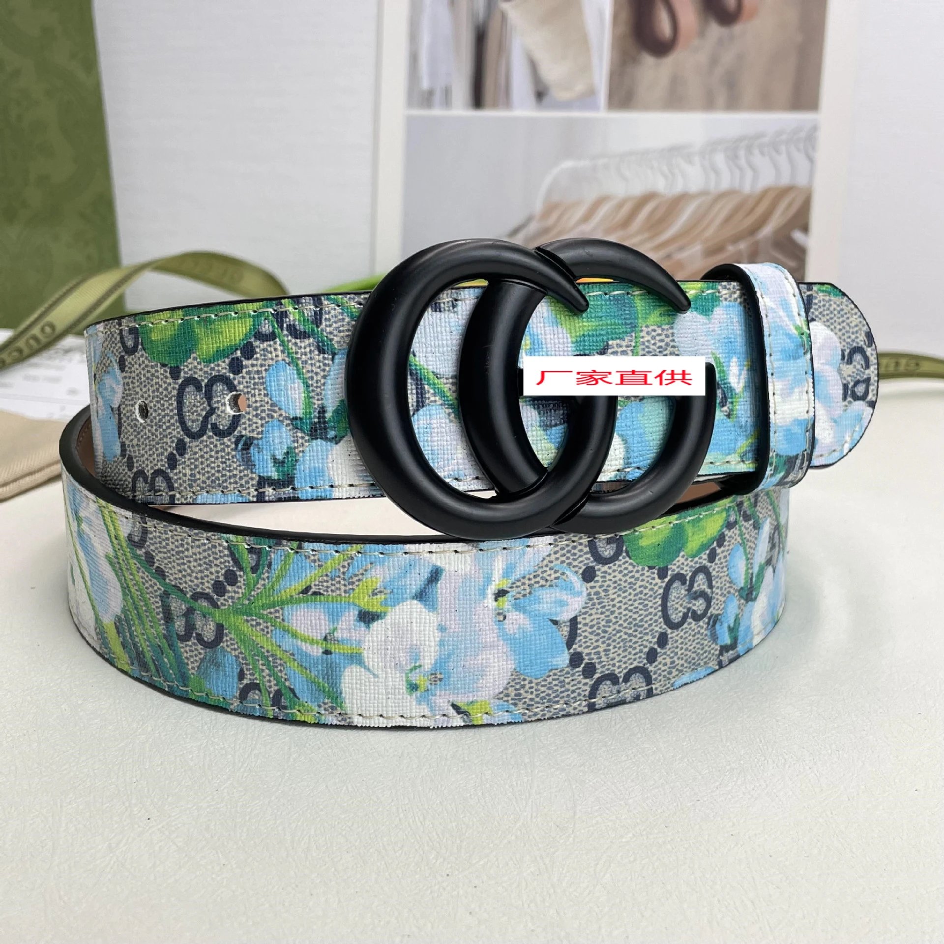 Gucci Belts Floral GG monogram belt with double-G buckle — G black button blue flower