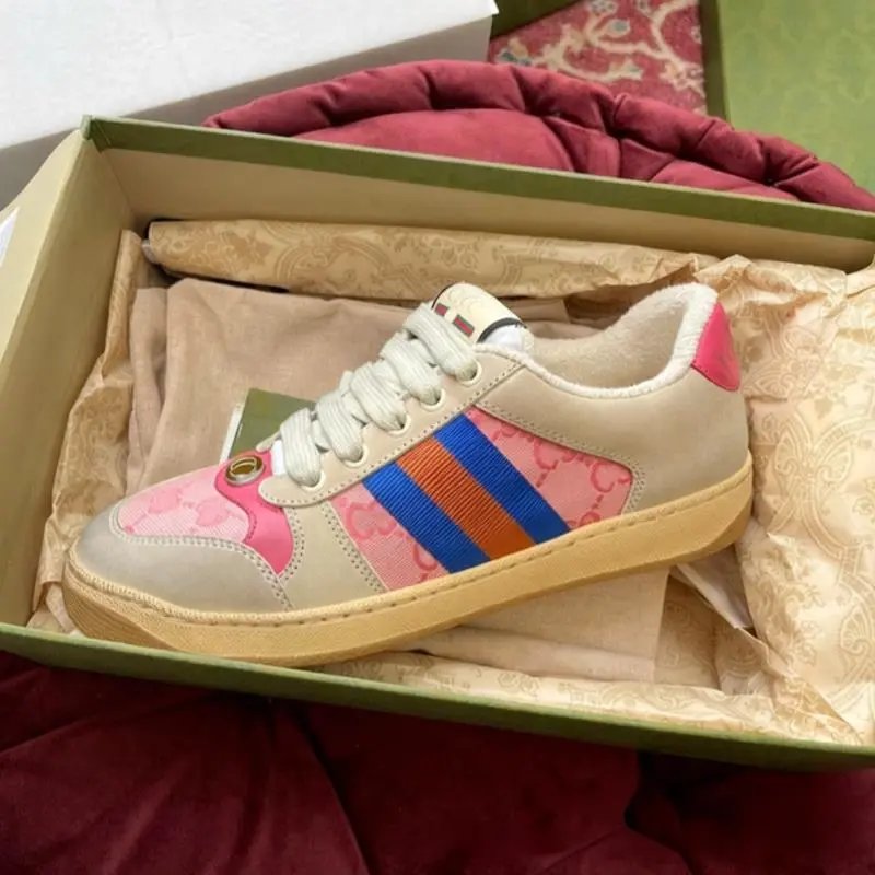 Gucci Sneakers Screener low-top lace-up with Web stripes and GG pattern panels — pink rose red tail