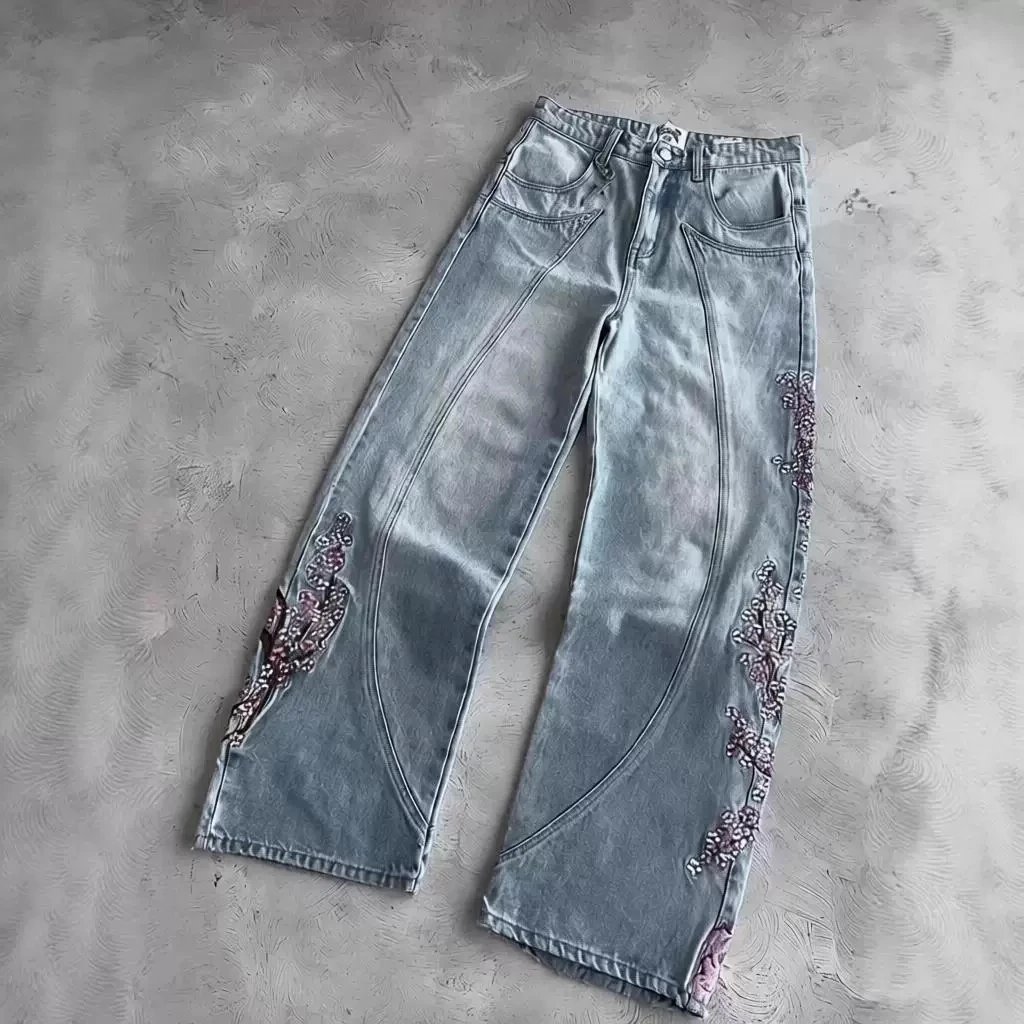 Unbranded Jeans Wide-Leg Floral Embroidered image 2