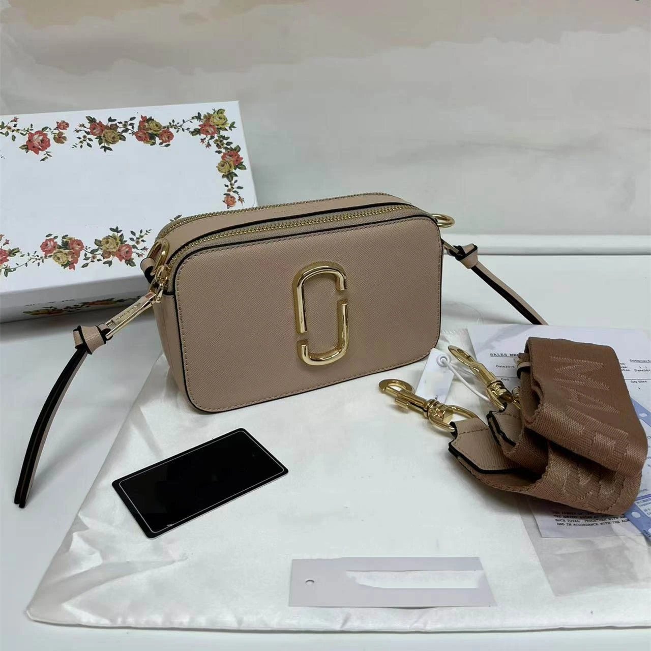 Marc Jacobs Crossbody Bags Snapshot camera bag with double-J hardware and wide logo strap — Apricot color
