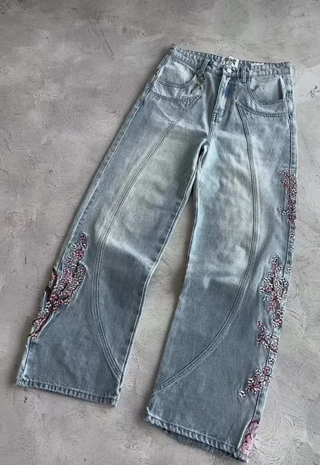 Unbranded Jeans Wide-Leg Floral Embroidered product detail image 3