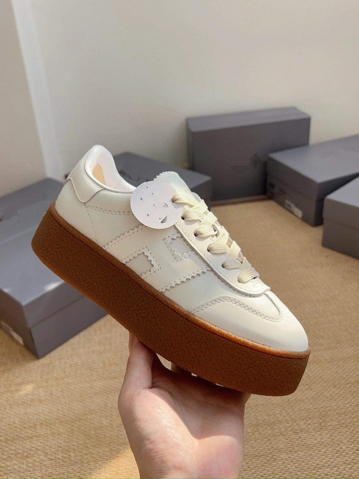 Hogan Sneakers Low-Top Platform with H Side Logo — White Deerskin with Cowhide