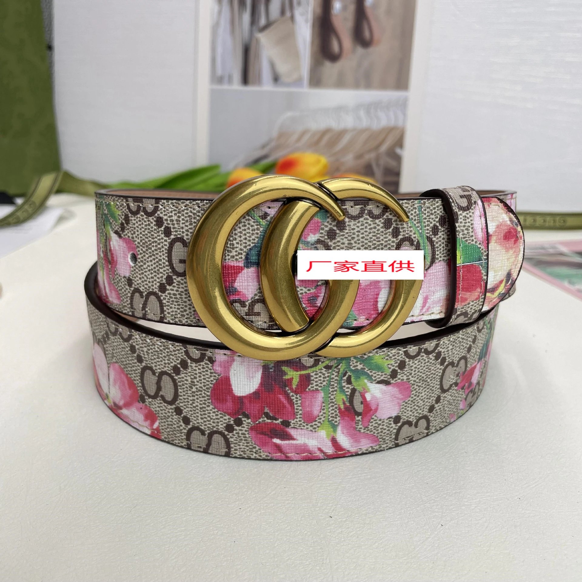 Gucci Belts Floral GG monogram belt with double-G buckle — G Bronze Buckle Safflower