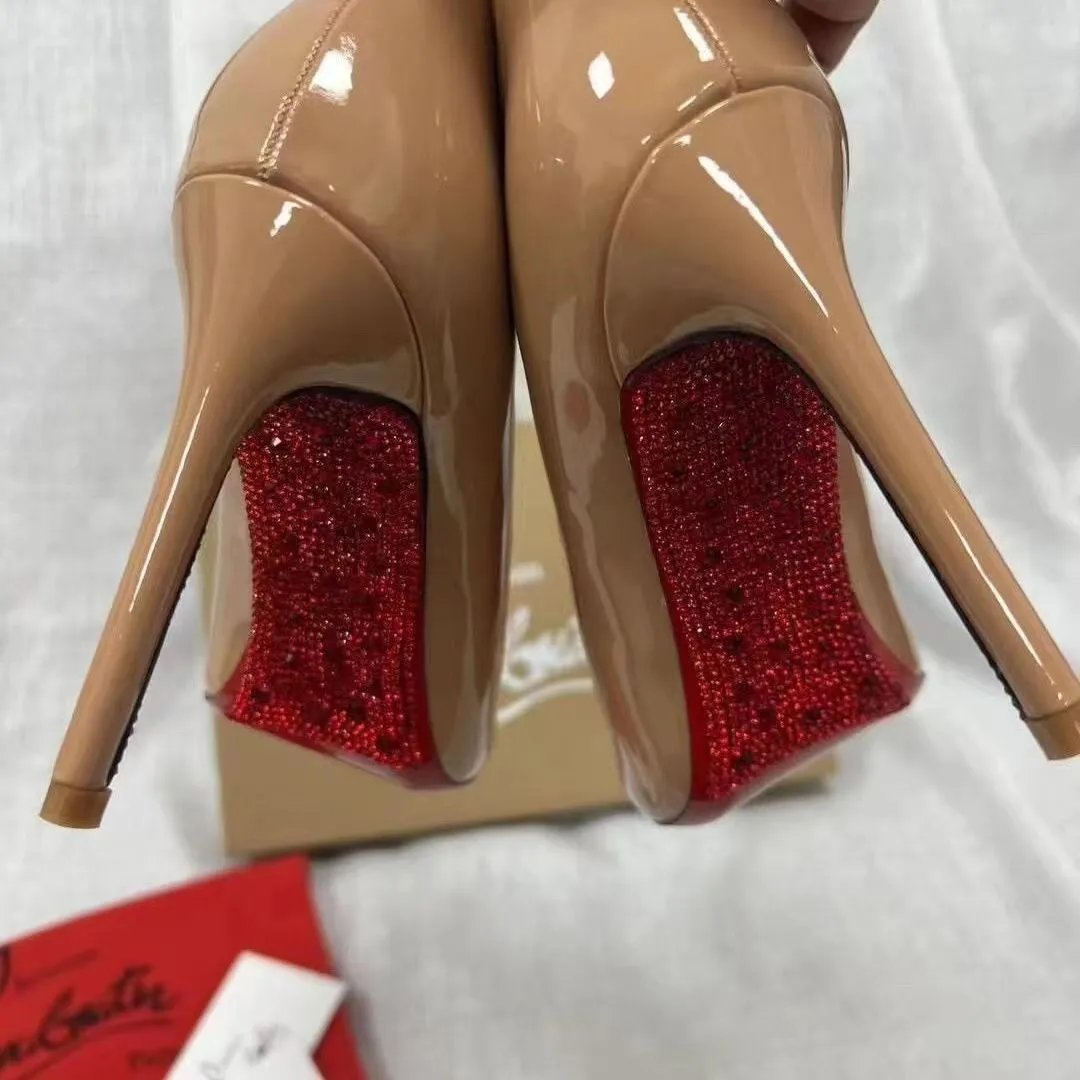 Christian Louboutin High Heels Pointed-Toe Stiletto Pumps — Apricot with diamond-encrusted base, 10cm