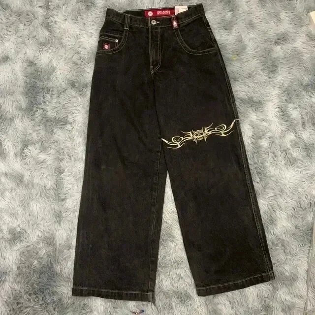 UNCOJEANS Wide-Leg Graphic Patch Jeans — N03 black