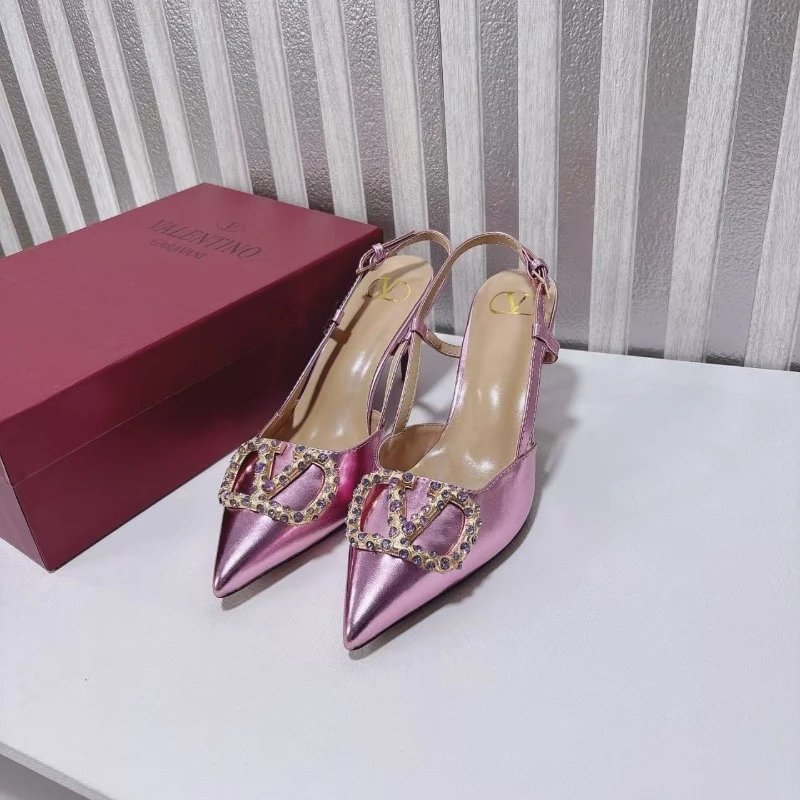Valentino Garavani High Heels Pointed-Toe Rhinestone V-Buckle Slingback — Pink