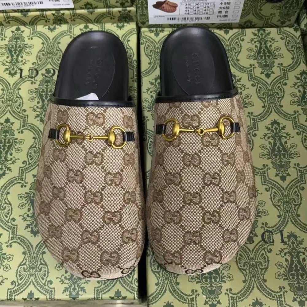 Gucci Slippers GG Monogram Horsebit Mules — Brown little one G
