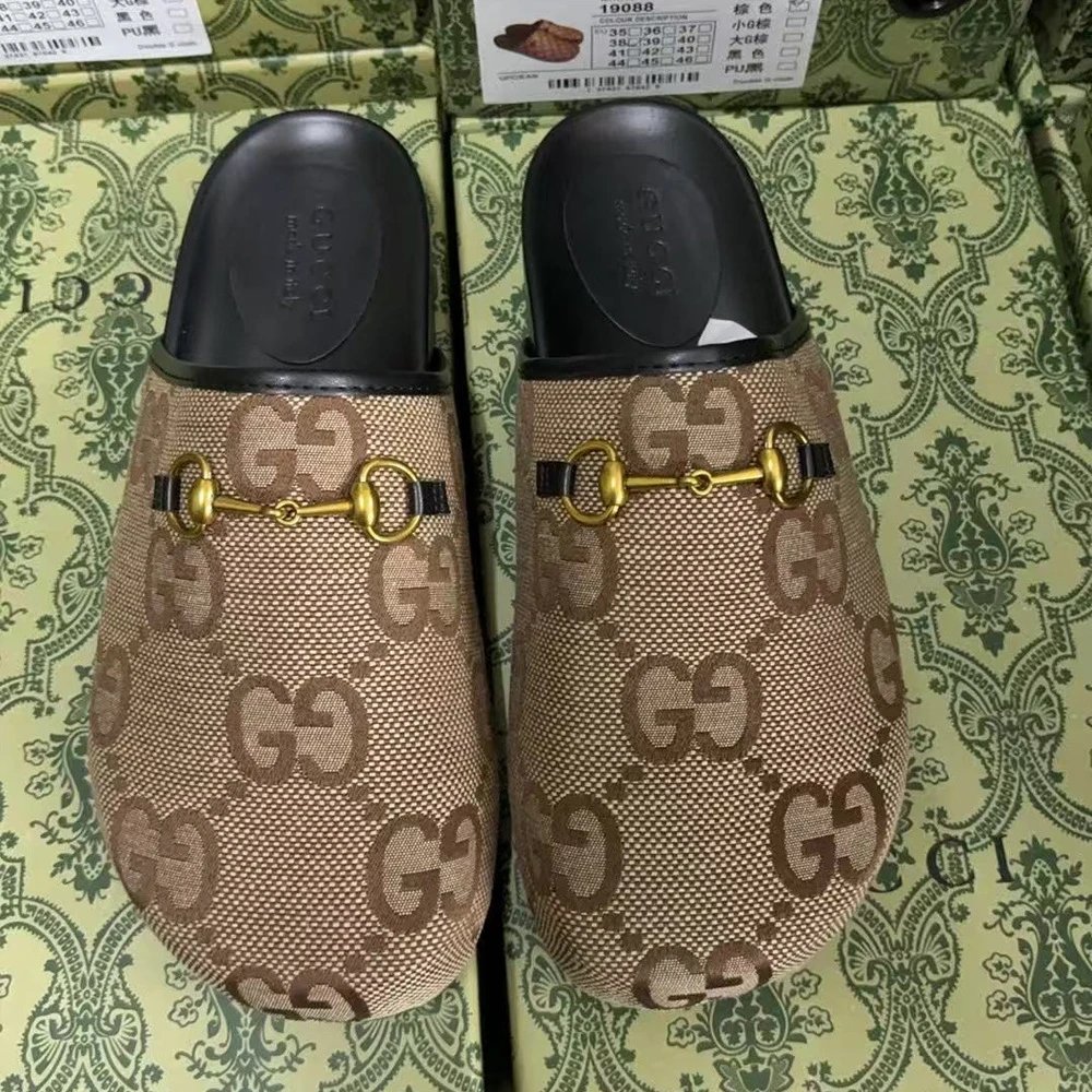 Gucci Slippers GG Monogram Horsebit Mules — Brown Big G