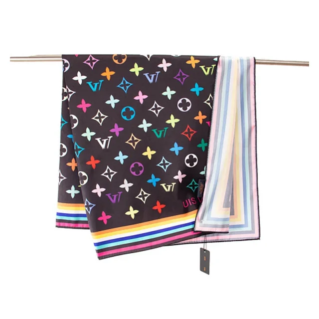 Unbranded Scarves Square scarf with multicolor floral geometric print and striped border product detail image 2