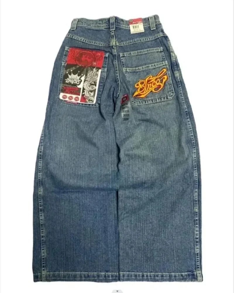 UNCOJEANS Wide-Leg Graphic Patch Jeans — N15 blue
