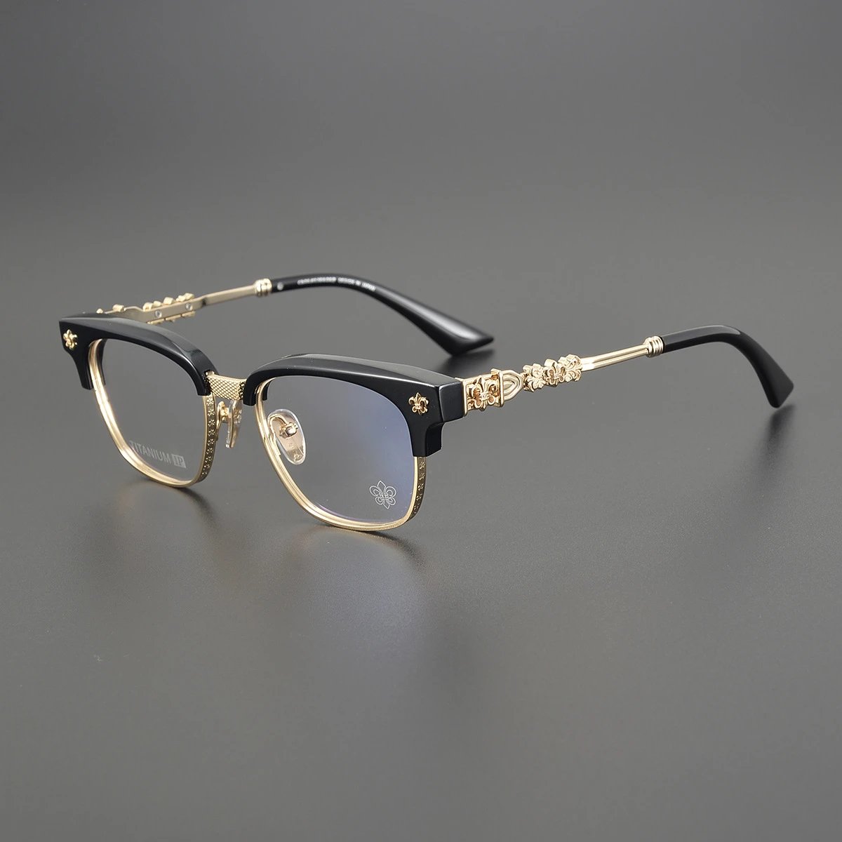 Unbranded Eyewear CH 8224 Half-Rim Floral Temple Frames — Black and gold