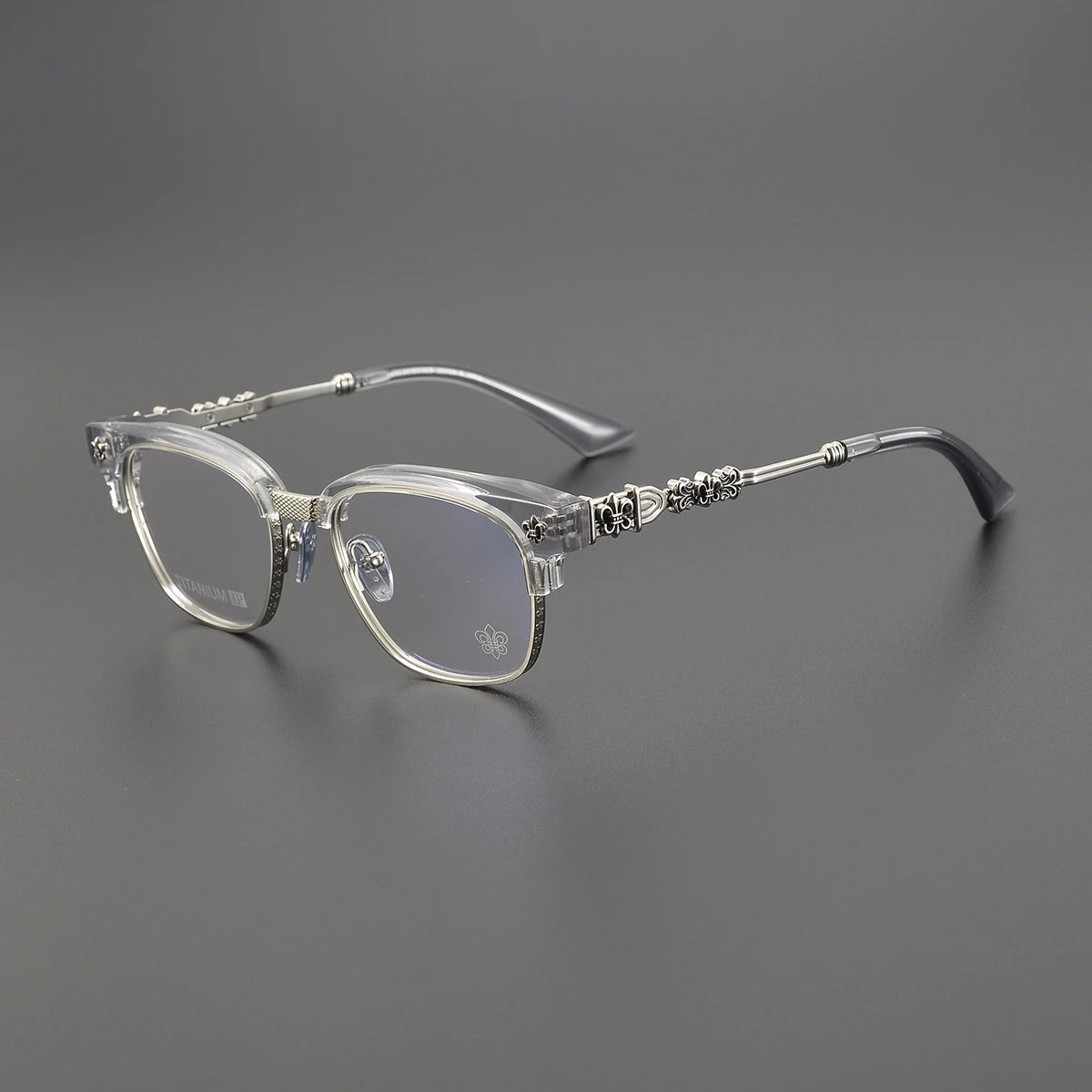 Unbranded Eyewear CH 8224 Half-Rim Floral Temple Frames — Translucent gray