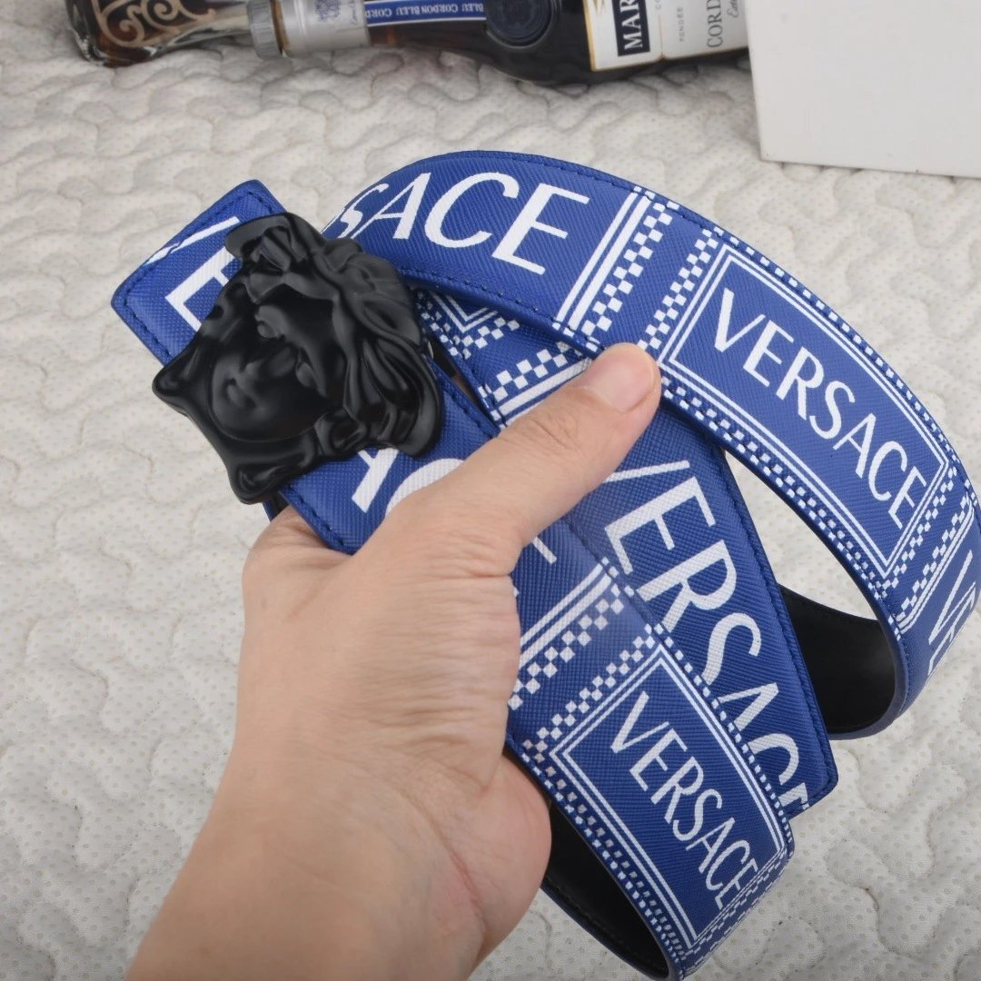 Versace Belts Logo-print belt with Medusa-head buckle — Blue with black buttons
