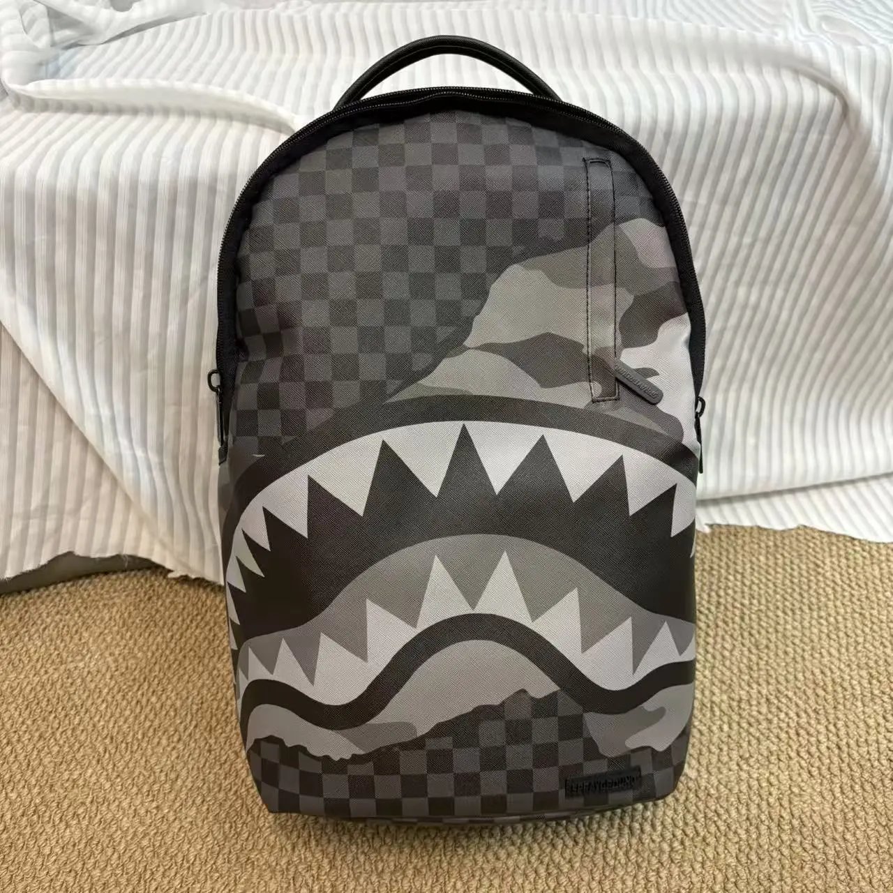 Sprayground Backpacks Shark Mouth Graphic Backpack — Black and gray camouflage