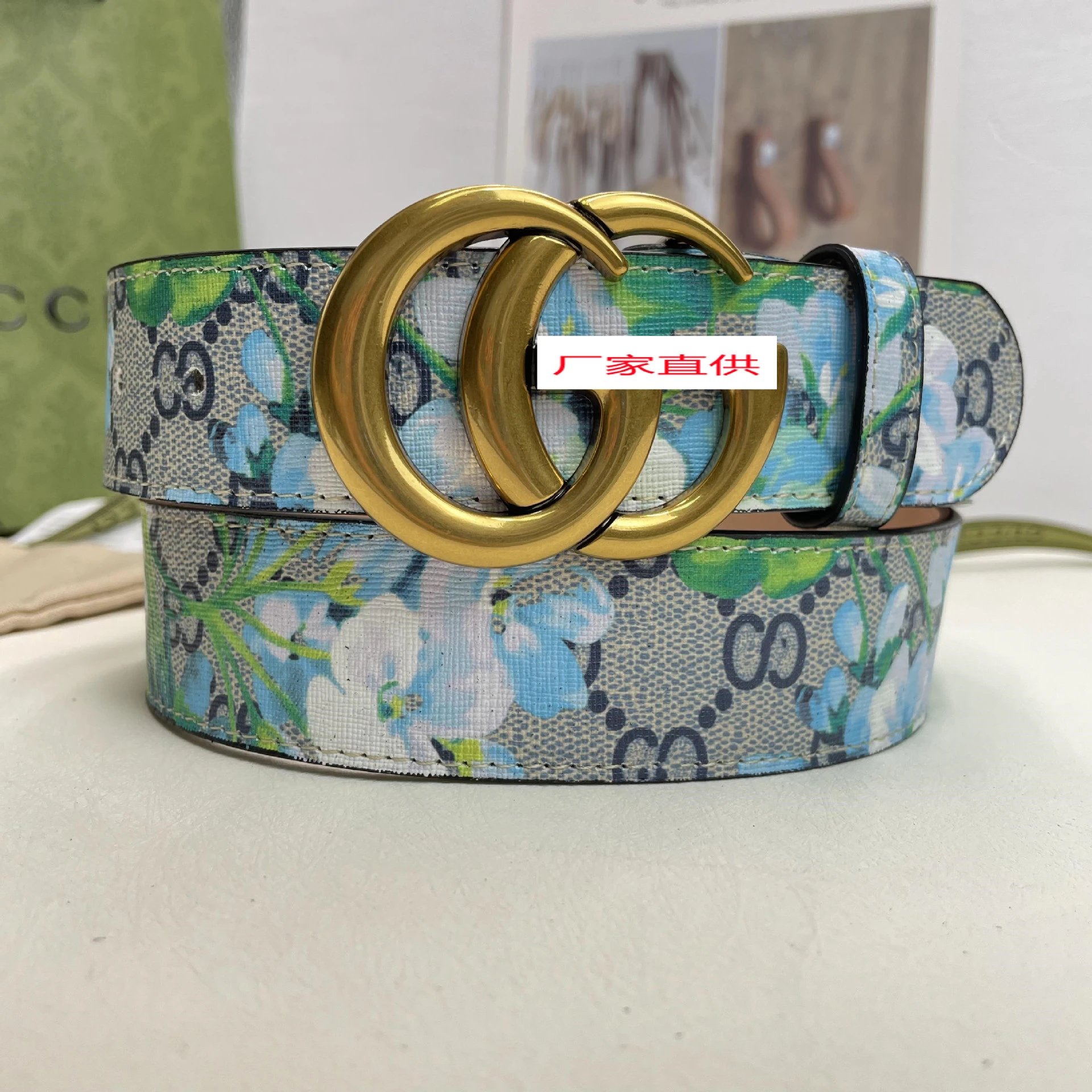 Gucci Belts Floral GG monogram belt with double-G buckle — G Bronze Buckle Blue Flower