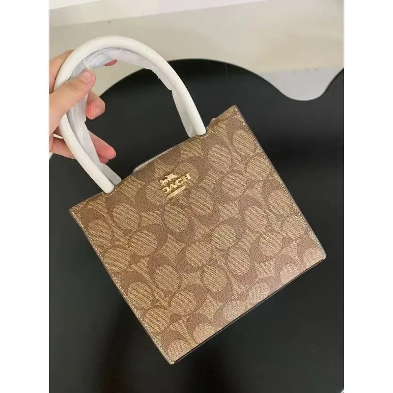 Coach Crossbody Bags Mini Signature Canvas Top-Handle — Qin Score Old Flower Brown Large "Send Plane Gift Box Gift Bag"》