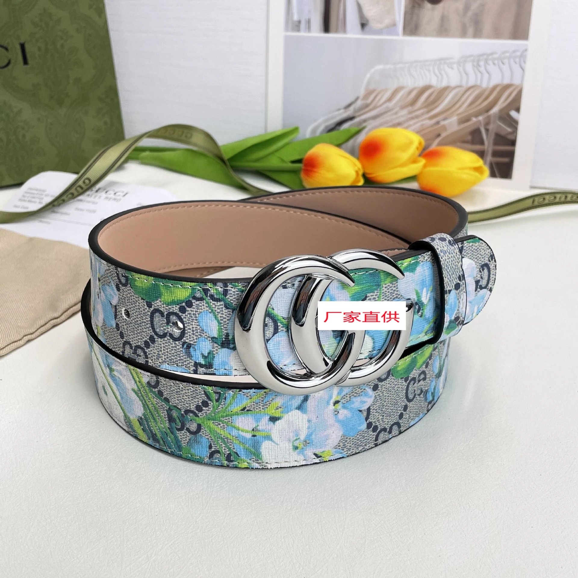 Gucci Belts Floral GG monogram belt with double-G buckle — G silver buckle blue flower