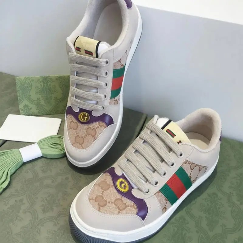 Gucci Sneakers Screener low-top lace-up with Web stripes and GG pattern panels — brown purple tail