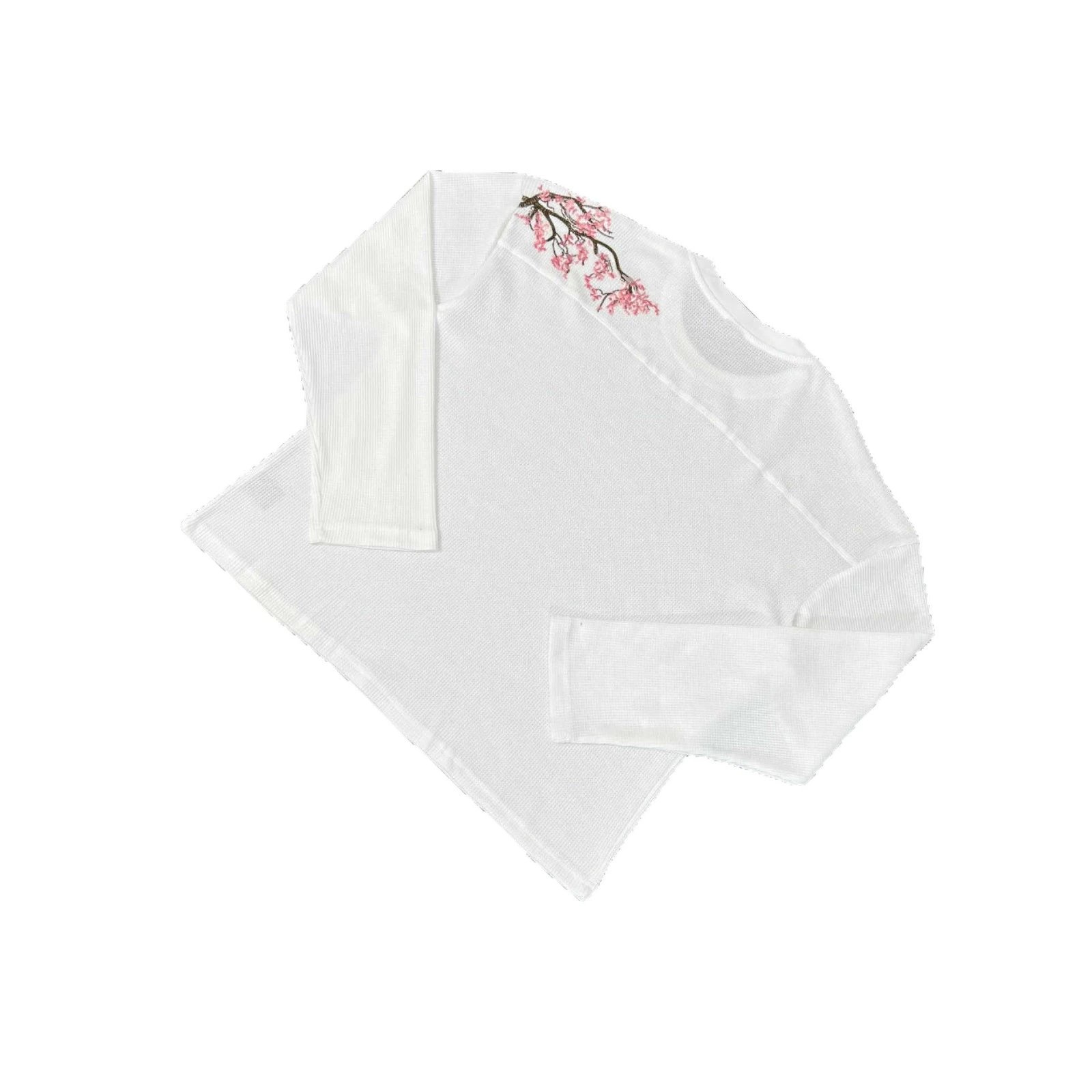 Derschutze Shirts Waffle-Weave Long-Sleeve Shirt with Cherry Blossom Embroidery image 5