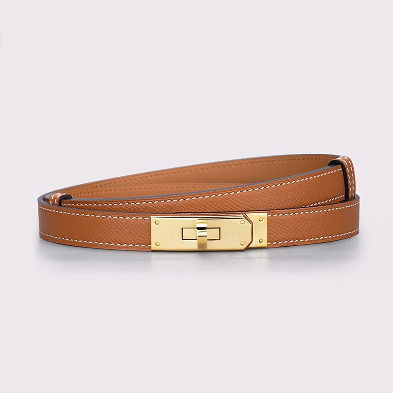 Unbranded Belts Slim textured belt with turn-lock buckle — 1.8 Wide brown gold buckle