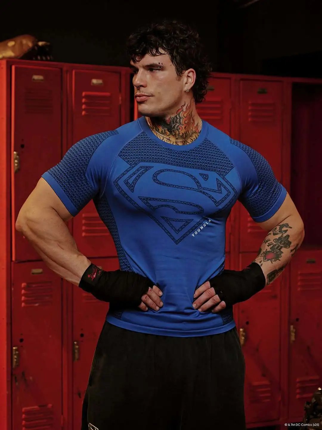 YoungLA T-Shirts Men's short-sleeve compression athletic T-shirt with Superman emblem — Blue