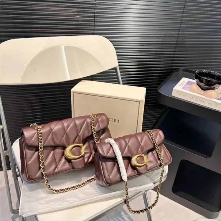 Coach Shoulder Bags Quilted chain-strap flap bag with C turn-lock — Coffee color (gift box packaging)