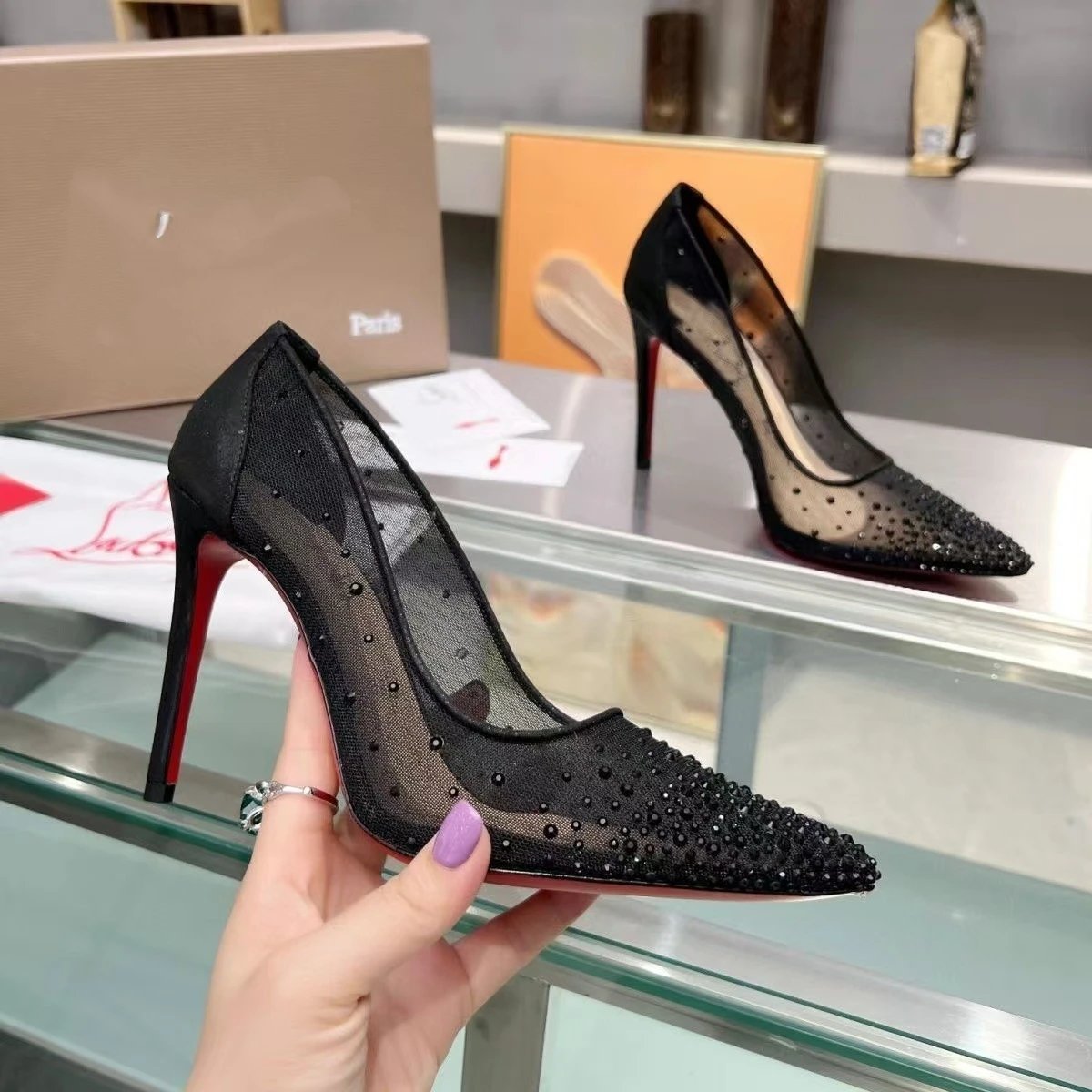 Unbranded High Heels Pointed-Toe Rhinestone Mesh Stiletto Pumps — 1 Wear it yourself and don't shoot it.