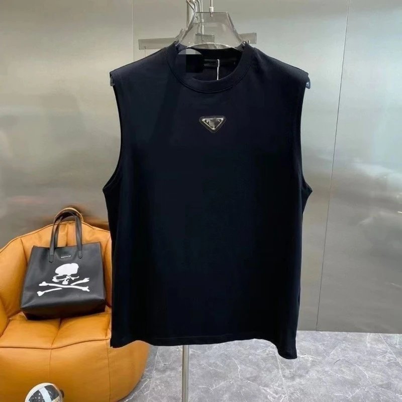 Prada T-Shirts Sleeveless crewneck T-shirt with triangle logo plaque — T-shirt black vest