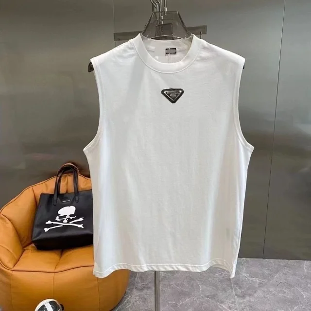 Prada T-Shirts Sleeveless crewneck T-shirt with triangle logo plaque product detail image 6