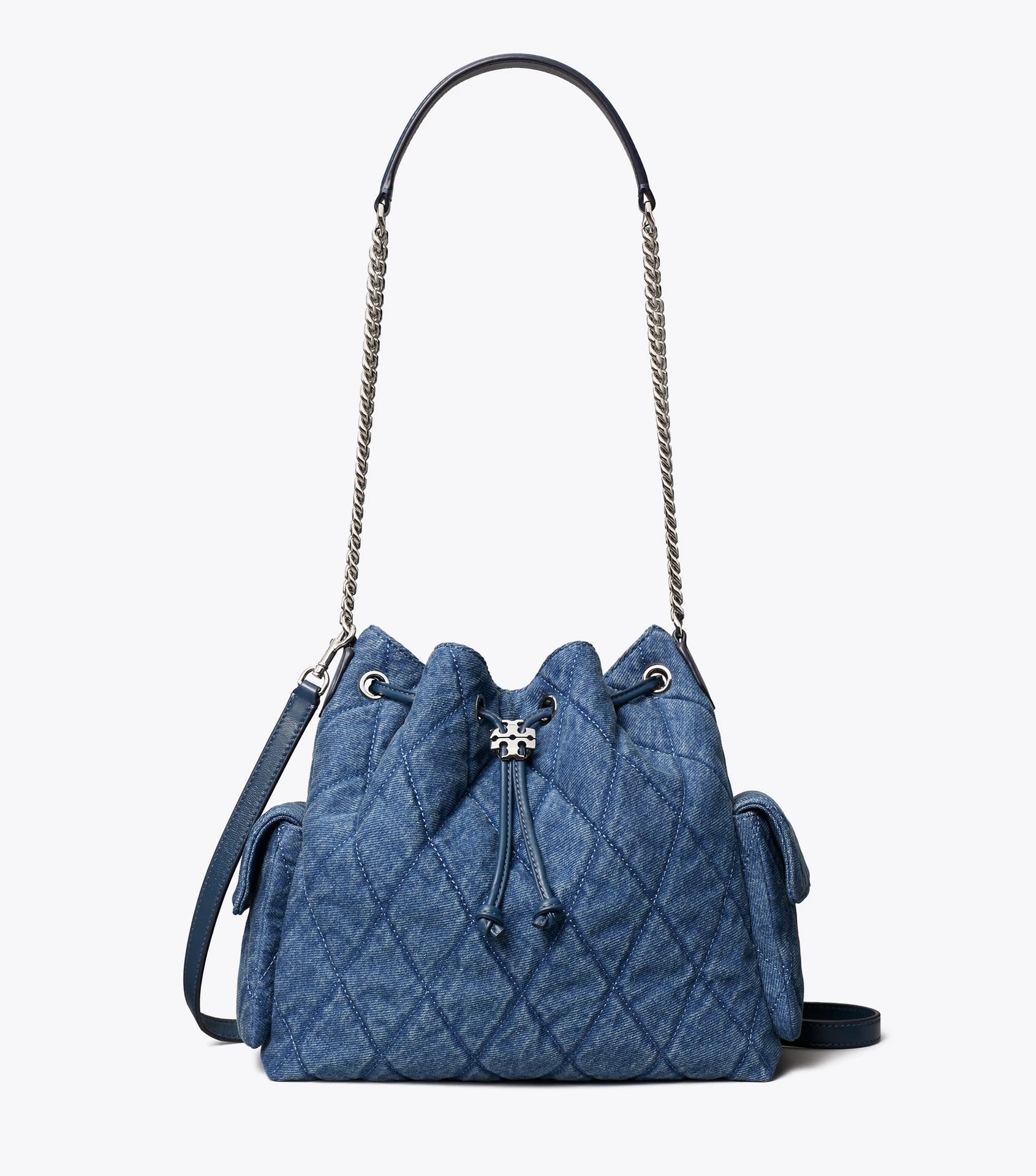 Tory Burch Shoulder Bags Quilted Drawstring Bucket Bag — Blue jeans