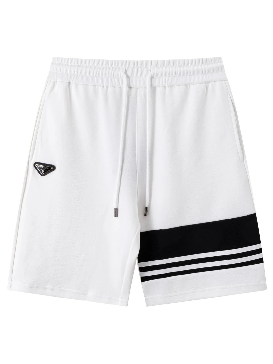 Prada Shorts Elastic Drawstring with Contrast Striped Leg Panel — white
