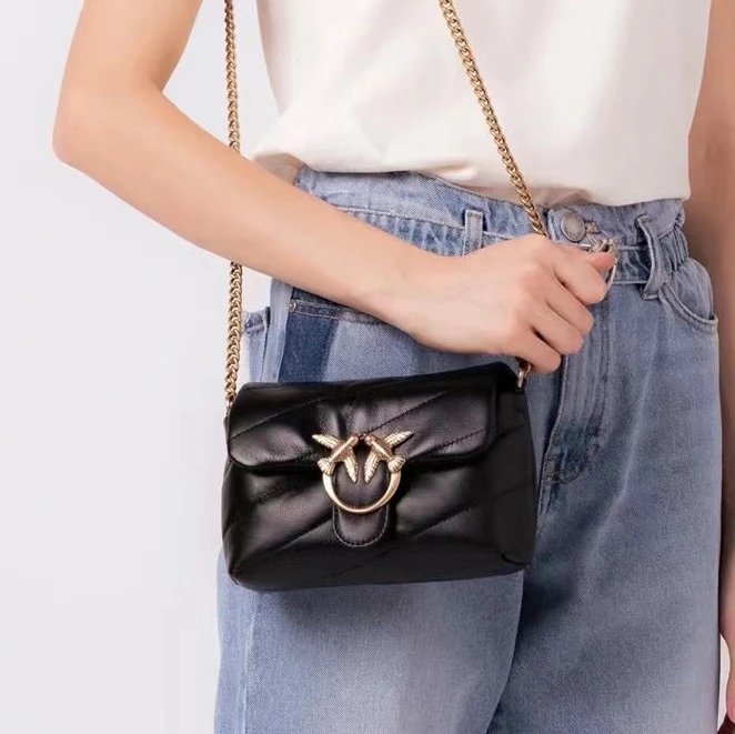 Pinko Crossbody Bags Padded quilted bag with double-bird clasp and chain strap — mini Pillow black