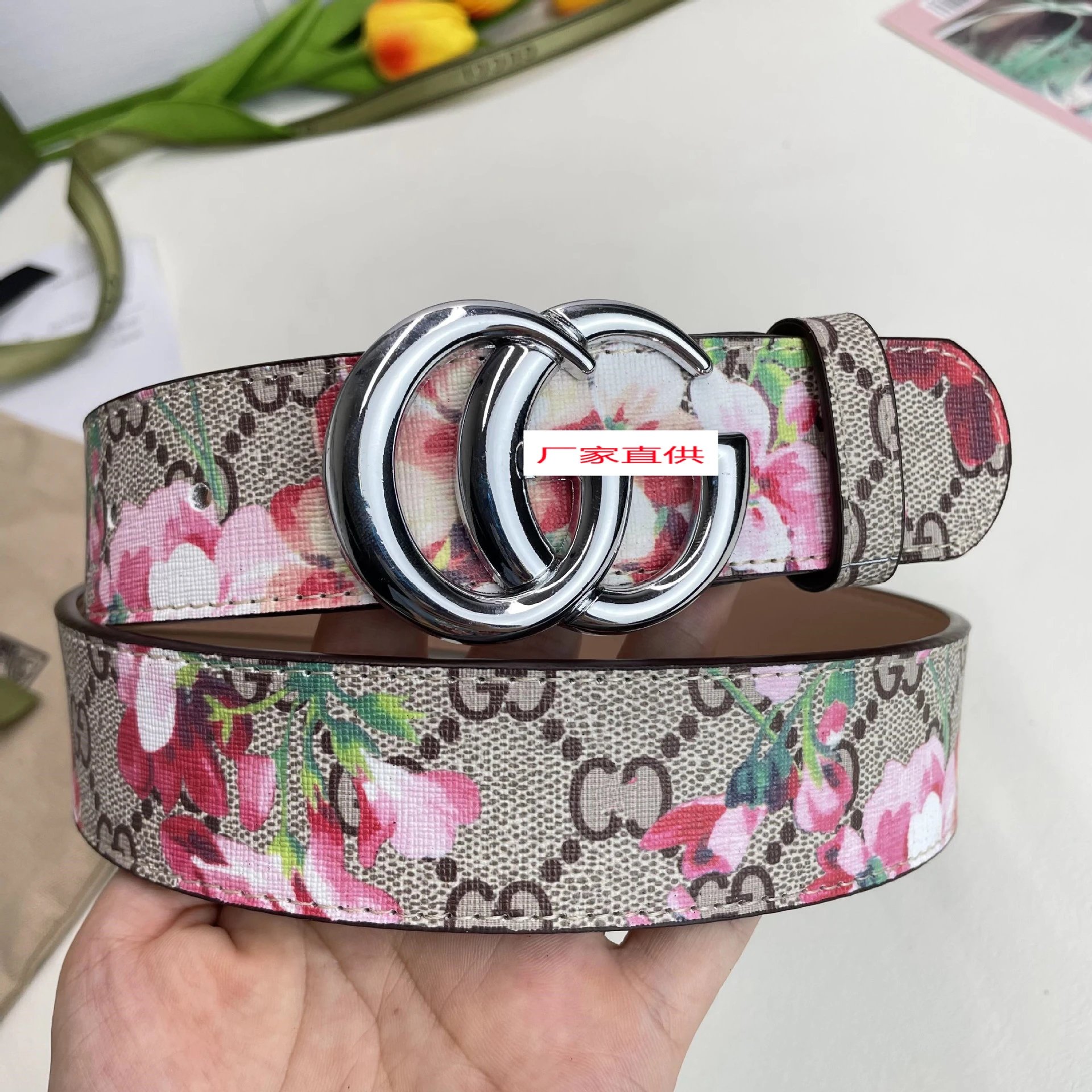 Gucci Belts Floral GG monogram belt with double-G buckle — G Silver Buckle Safflower