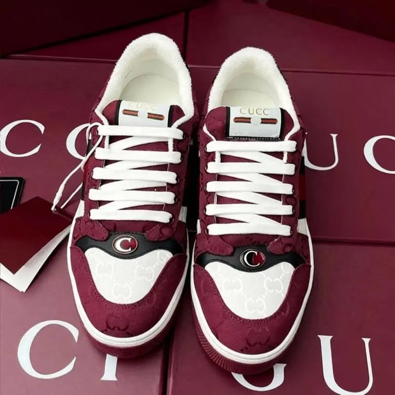 Gucci Sneakers Screener low-top lace-up with Web stripes and GG pattern panels — Wine red cloth noodles