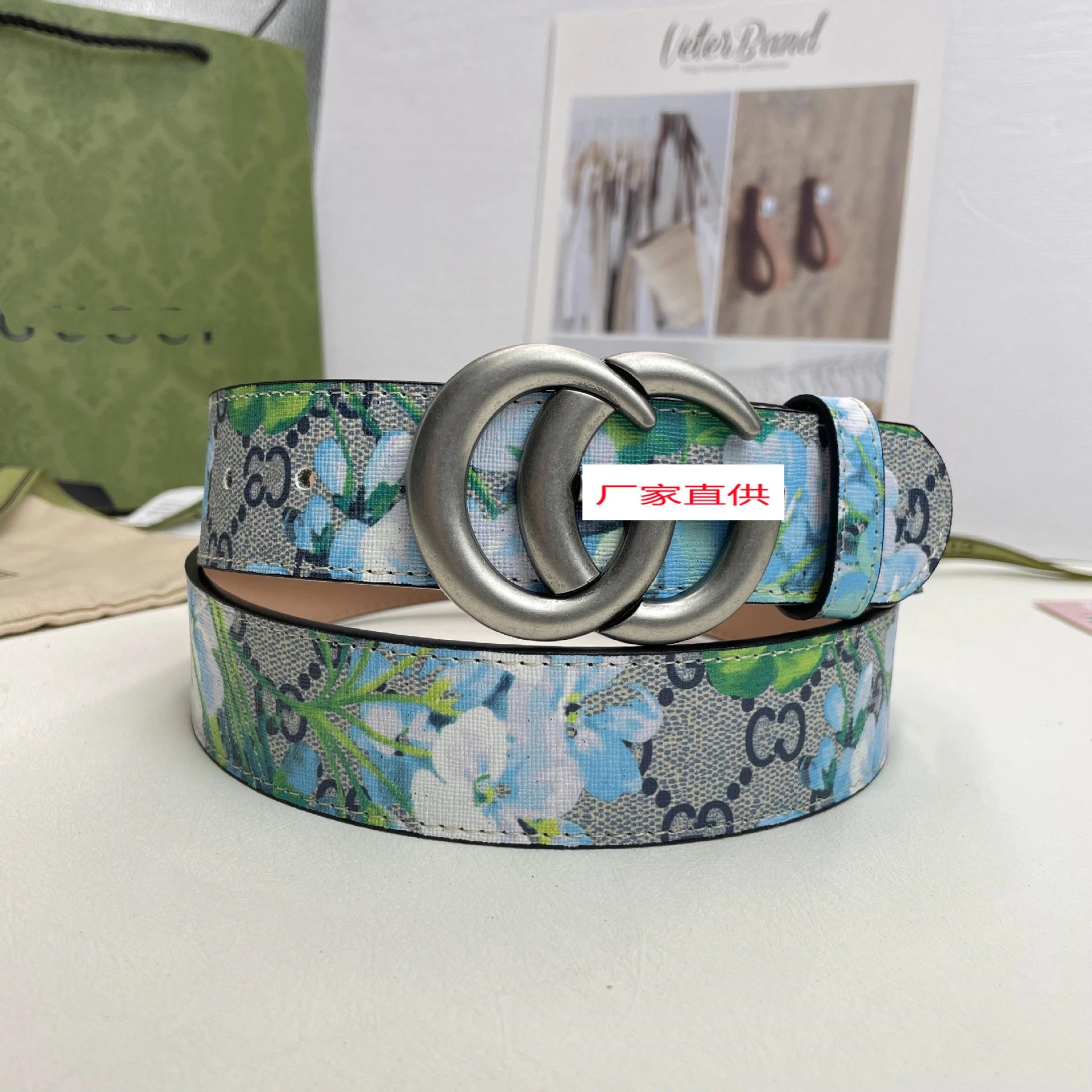 Gucci Belts Floral GG monogram belt with double-G buckle — G ancient silver button blue flower