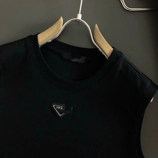 Prada T-Shirts Sleeveless crewneck T-shirt with triangle logo plaque product detail image 2