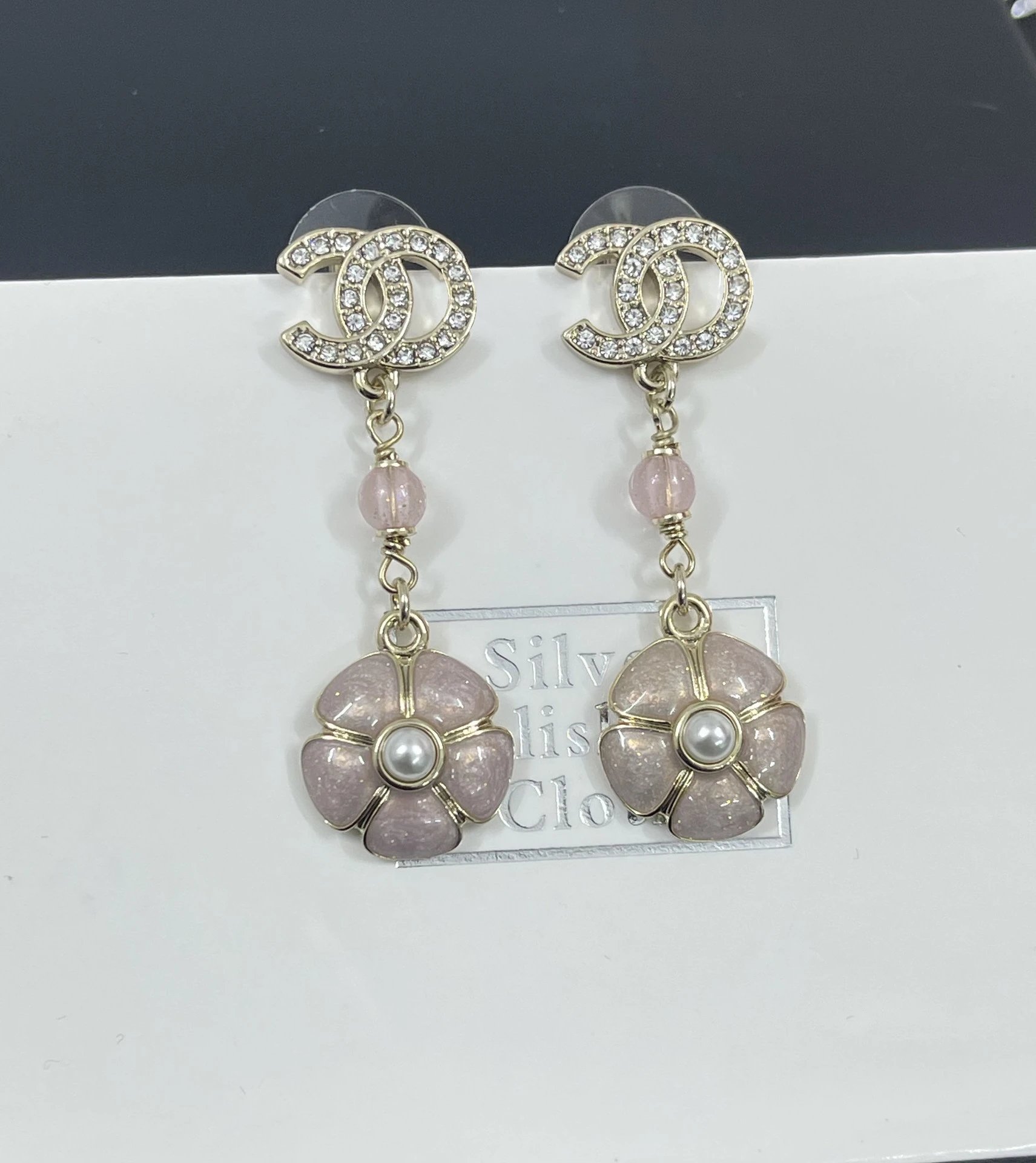 Chanel Jewelry Rhinestone Double C Floral Drop Earrings — Pink Drop Earrings