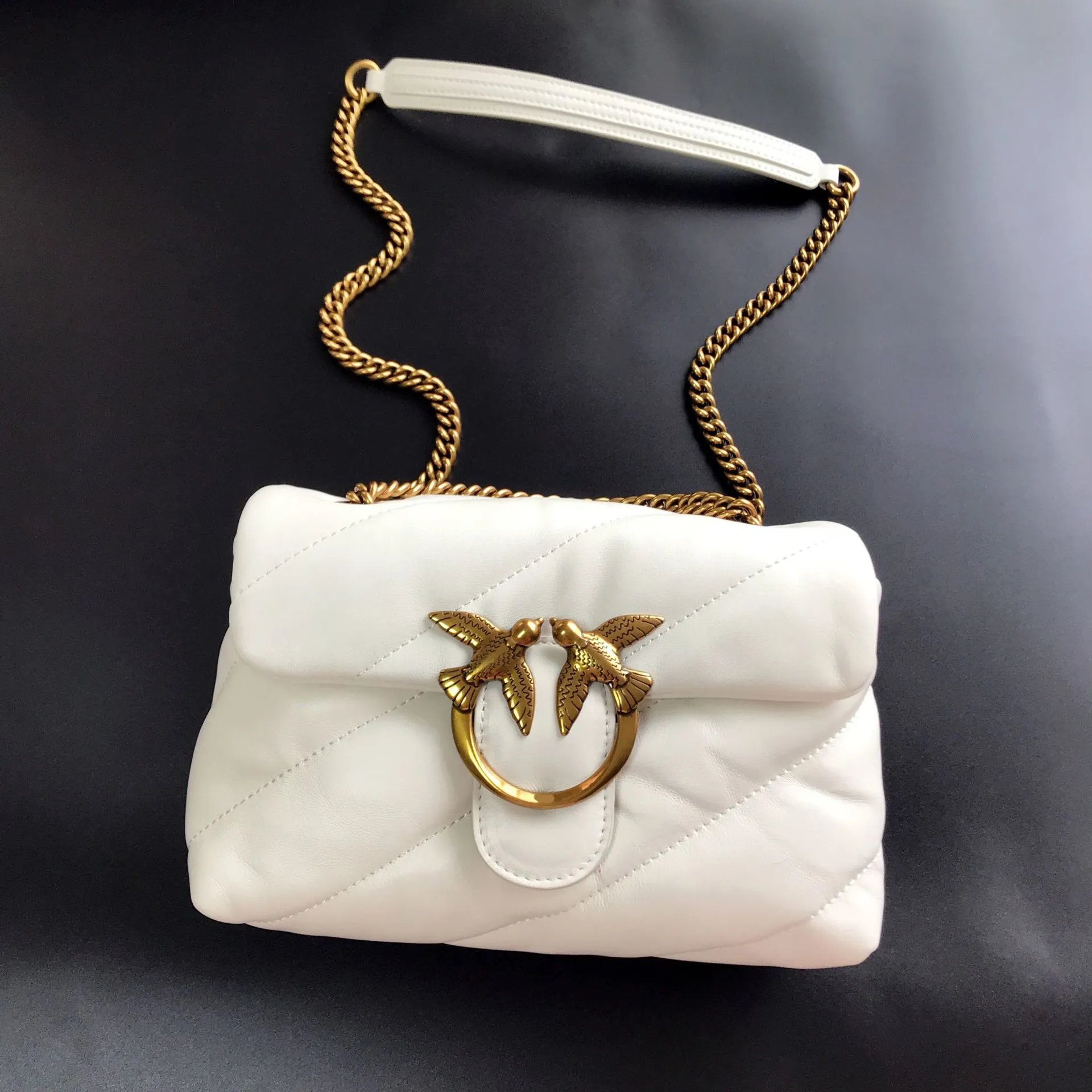 Pinko Crossbody Bags Padded quilted bag with double-bird clasp and chain strap — 23 white small pillow