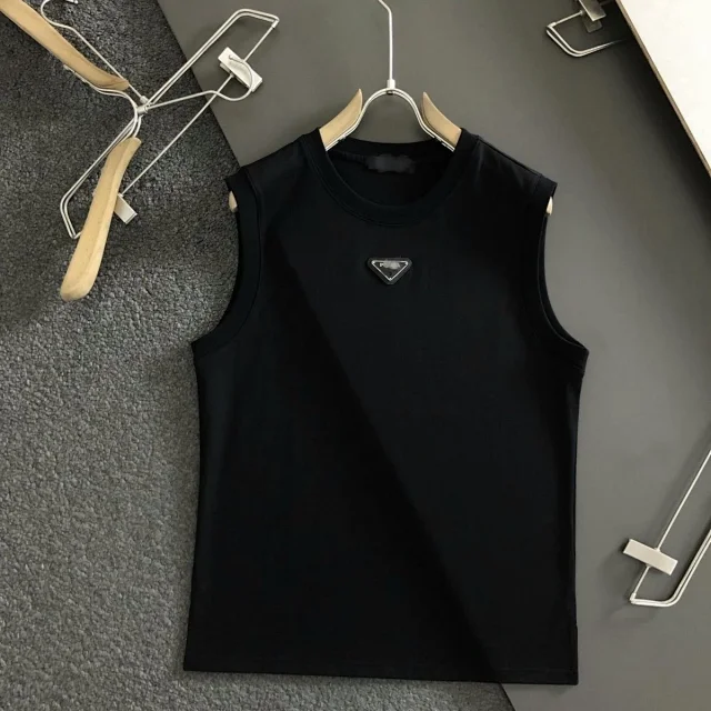 Prada T-Shirts Sleeveless crewneck T-shirt with triangle logo plaque product detail image 5