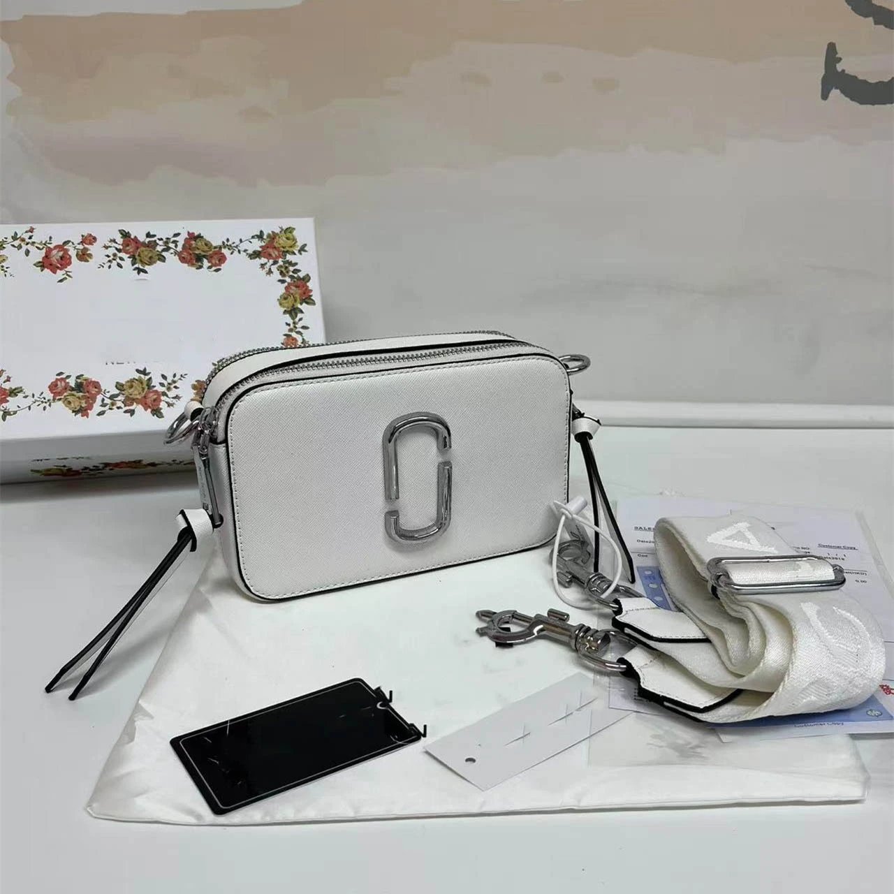 Marc Jacobs Crossbody Bags Snapshot camera bag with double-J hardware and wide logo strap — Pure white