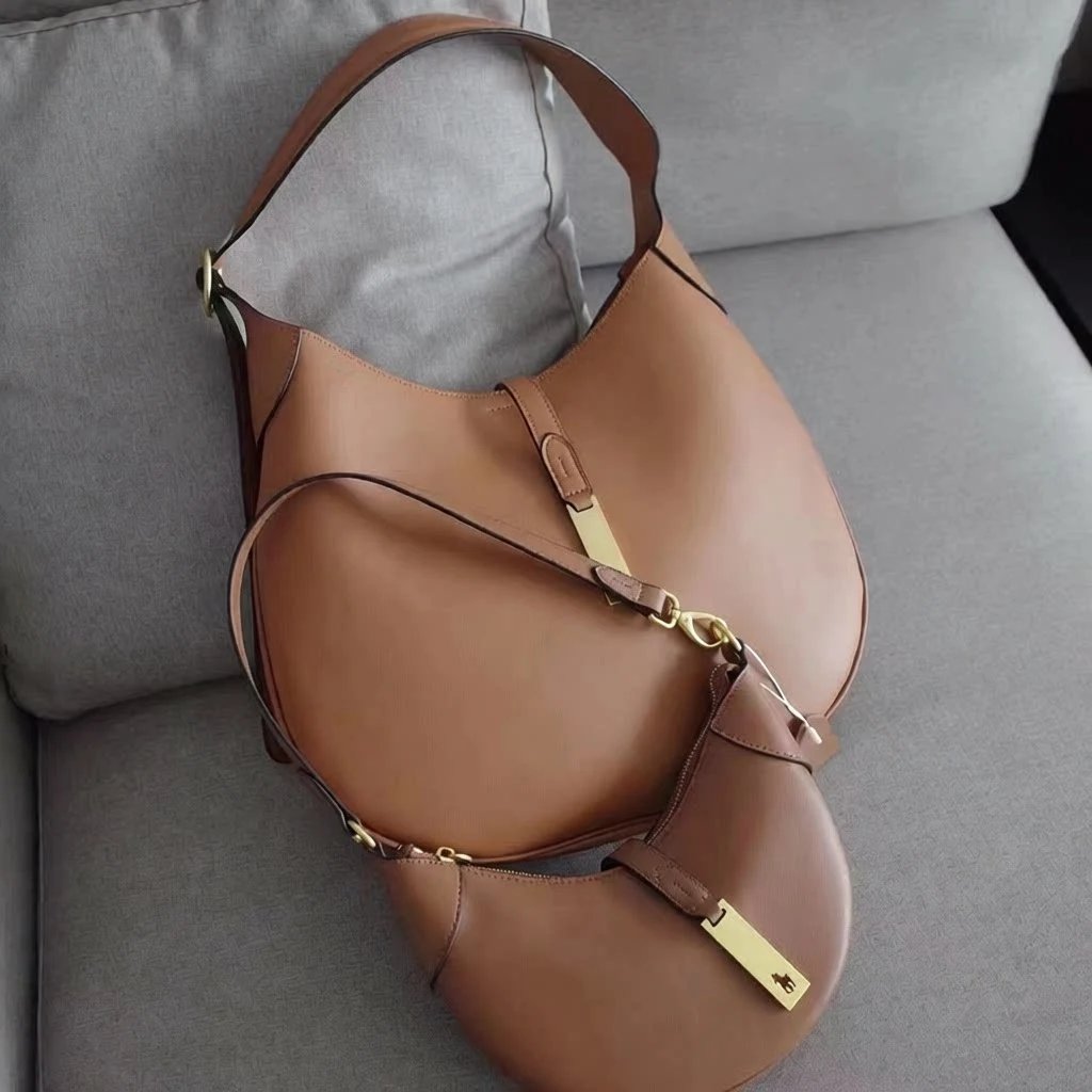 Ralph Lauren Shoulder Bags Crescent Hobo Bag with Gold Logo Plaque — Brown