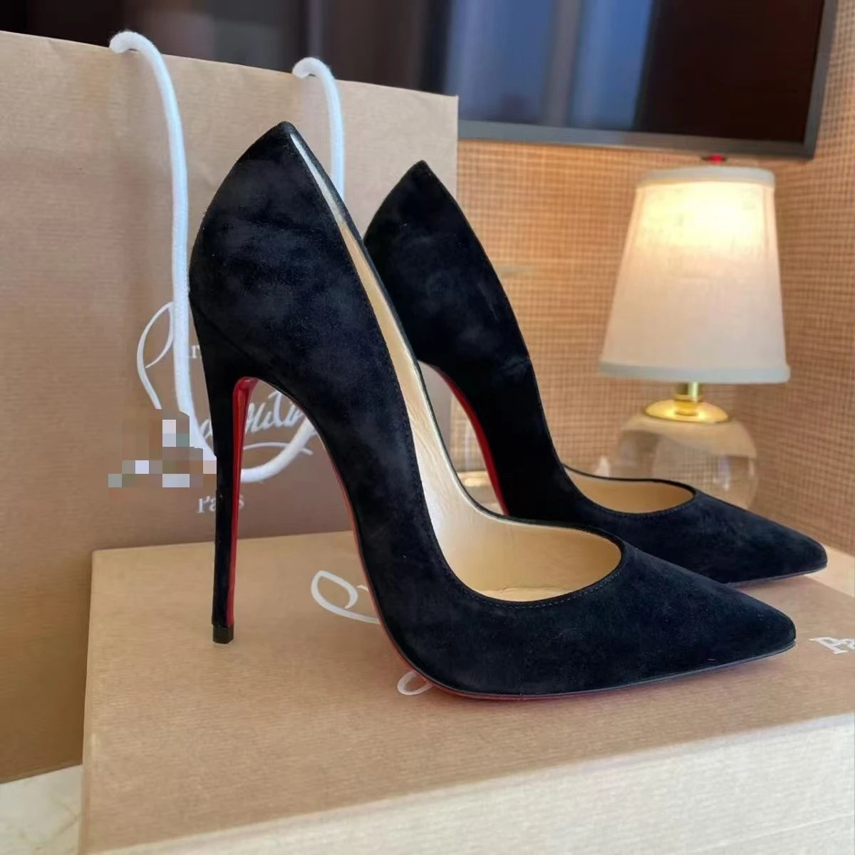 Christian Louboutin High Heels Pointed-Toe Stiletto Pumps — Suede black 8cm