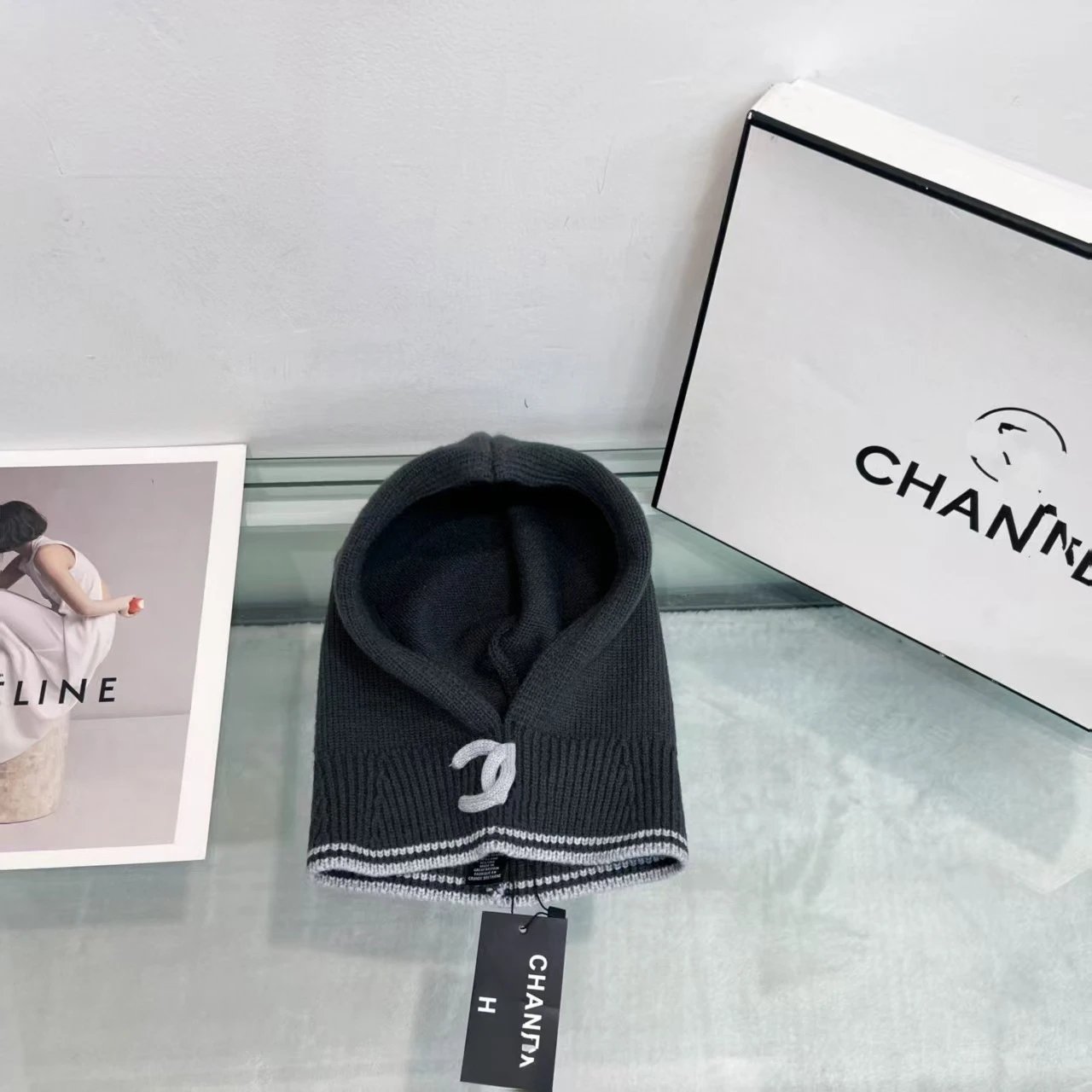 Chanel Hats Ribbed Knit Hood Hat with Contrast Trim — gray