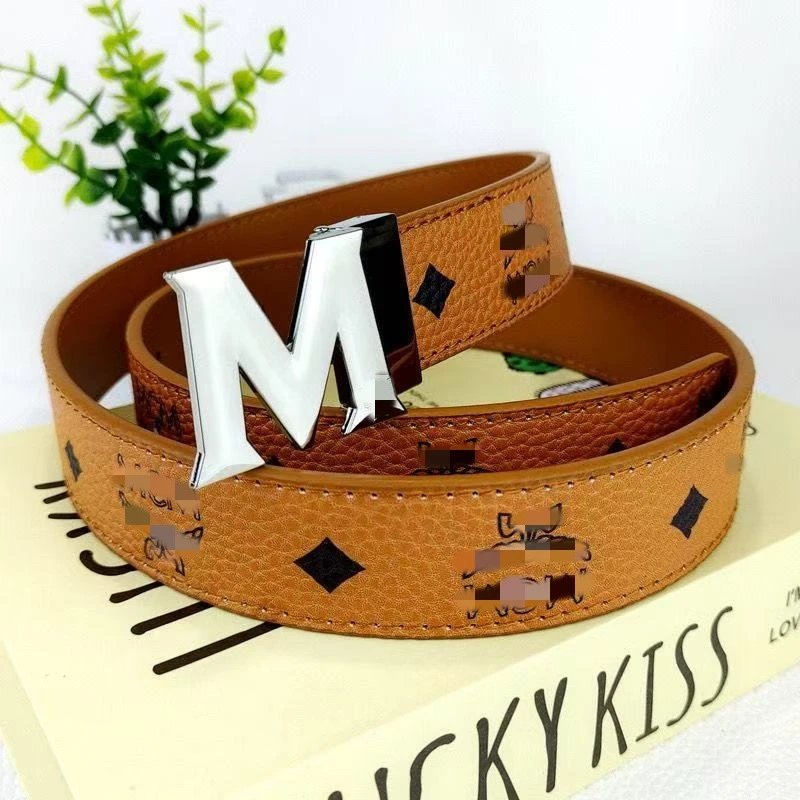Unbranded Belts M Letter Buckle Patterned Belt — Yellowish brown+M Silver buckle