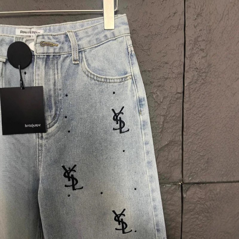 Yves Saint Laurent Jeans Light-wash high-rise wide-leg with all-over YSL monogram embroidery and stud embellishments image 3