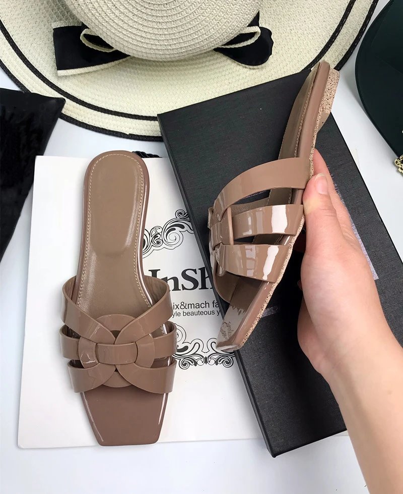 Unbranded Sandals Square-Toe Woven Strap Flat Slides — Khaki Patent Leather