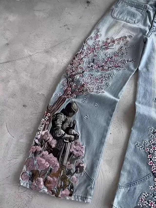 Unbranded Jeans Wide-Leg Floral Embroidered product detail image 4